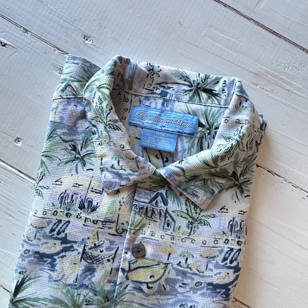 Bermuda Bay Mens Medium‎ Silk Tropical Island Palm Tree Camp Shirt Blue Green